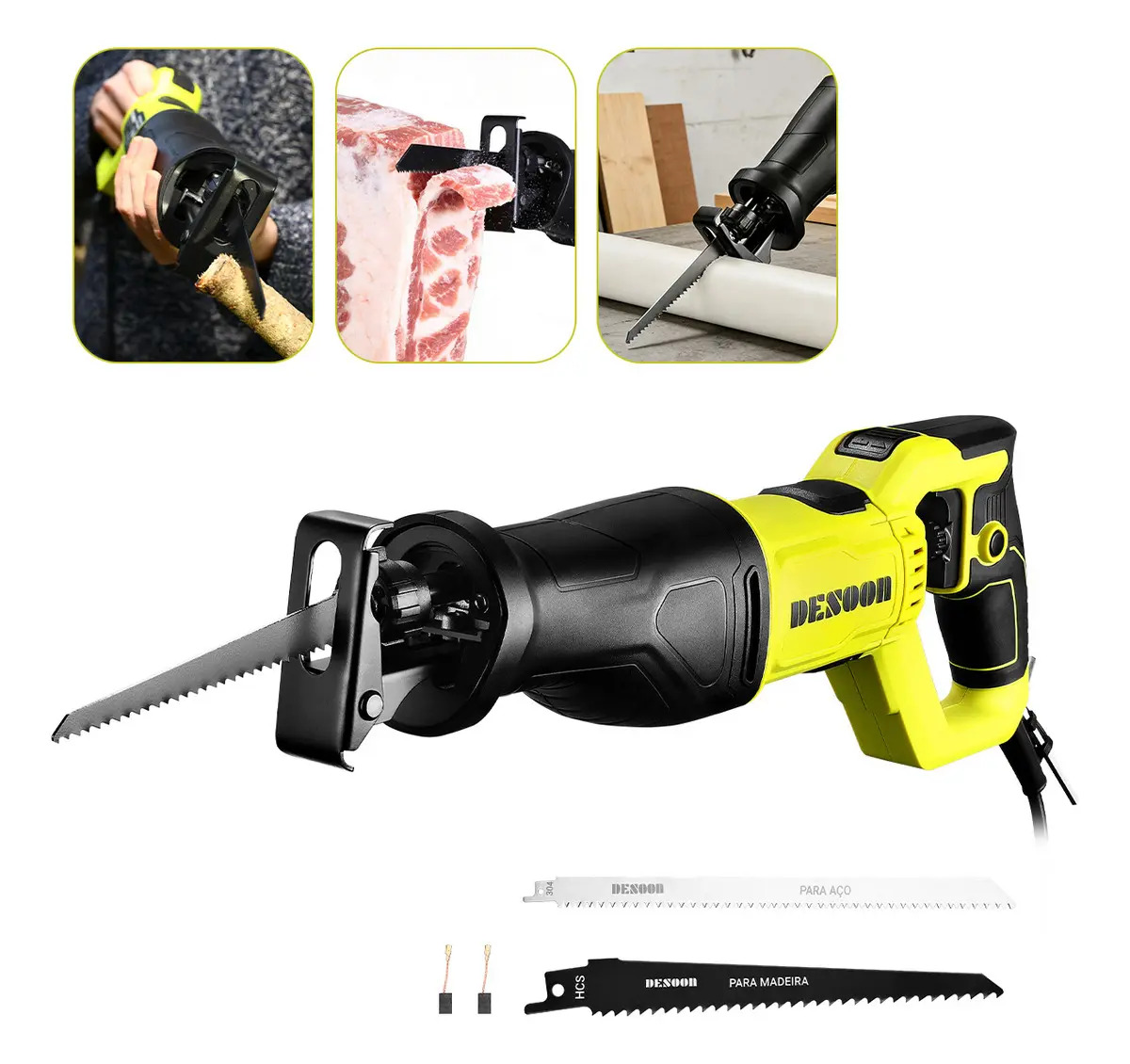 Serra Sabre Elétrica 1200w Real Profissional 22mm 2800spm Corte Madeira Aço Com Punho Giratório E 2pcs Lâminas Desoon