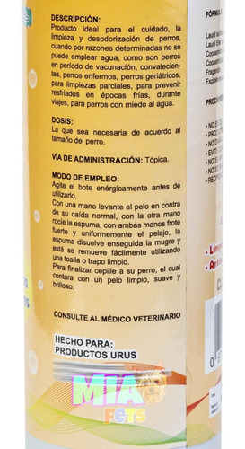 Imagen 5 de 6 de Espuma Para Baño En Seco De Perros Adultos Urus 500ml