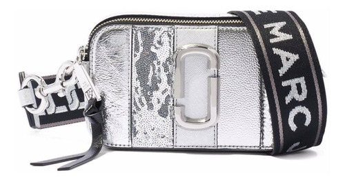 Bolsa bandolera Marc Jacobs The Snapshot Metallic stripe diseño croco de poliuretano y poliéster  silver con correa de hombro negra y gris