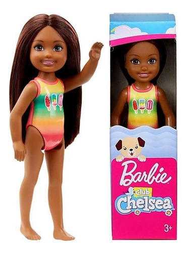 Mini Boneca Colecionável Chelsea Club Menina Morena Negra Praia - Maiô Picolé - Família Da Barbie - Mattel Brinquedos