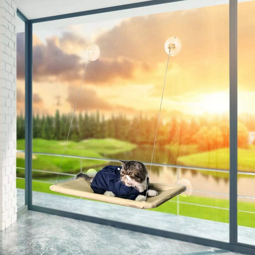 Cama Para Gatos Colgante Hamaca Con Ventosa A La Ventana Color Beige Diseño Liso