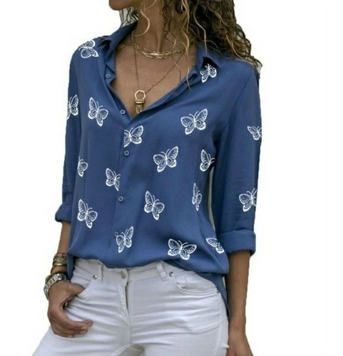 Blusa De Manga Larga Con Cuello En V Y Estampado De Maripos