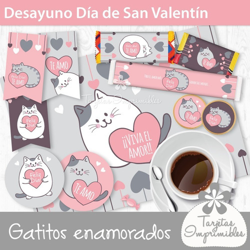 Kit Imprimible Desayuno San Valentin Gatitos Enamorados Edit