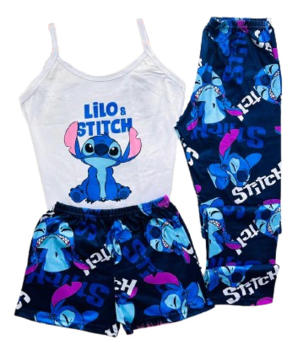 Pijama Juvenil 3 Pzs Stitch Blusa Short Pantalón Unitalla