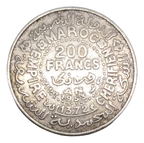 Moneda Marruecos 200 Francos Plata  720 Año 1953 Mohamed V 