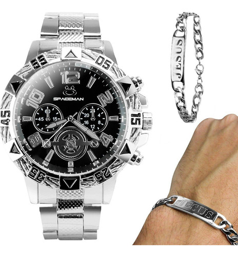 Relogio Masculino Aço Inox Prata + Pulseira Pai Nosso Casual