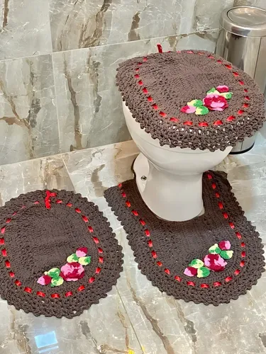Jogo De Banheiro De Crochê Com Flores 3 peças Cor Avelã Liso