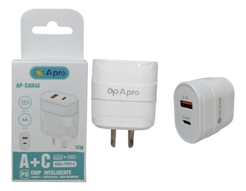 Adaptador Cabezal Carga Rápida 15w Doble Puerto Usb+c Blanco