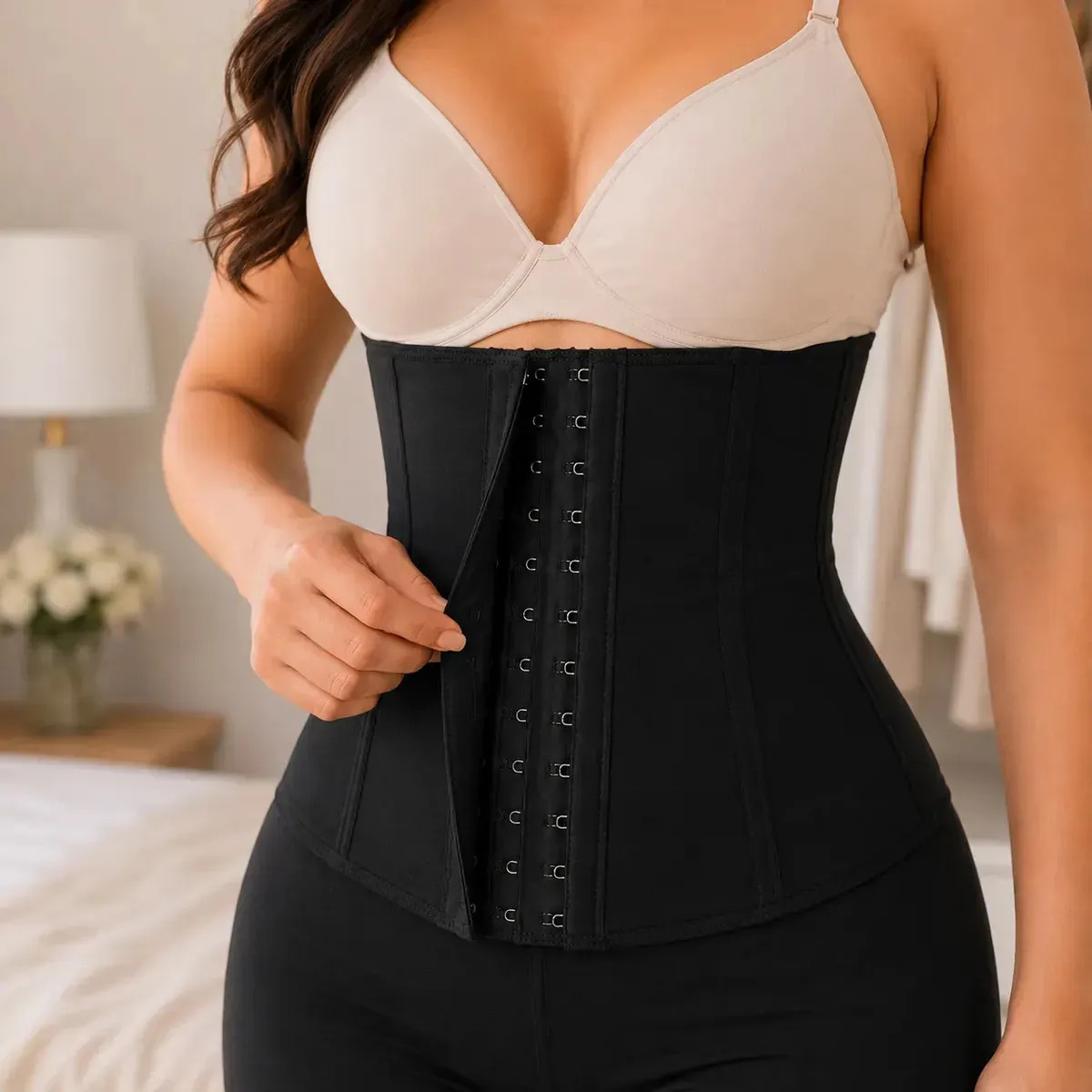 Cinta Modeladora Abdominal Feminina Esbelt 404 Emborrachada Cotton Afina Cintura Redutora Barriga Compressão Postural 4 Barbatanas - Preto 4eg