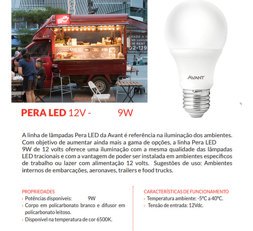Lâmpada Led 9w E27 12 Volts Bateria, Barco Luz Branca Avant
