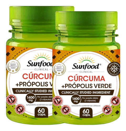 Curcumina 95% + Propolis Verde 700mg 60 Caps Sunfood 2 Potes Sabor Sem sabor