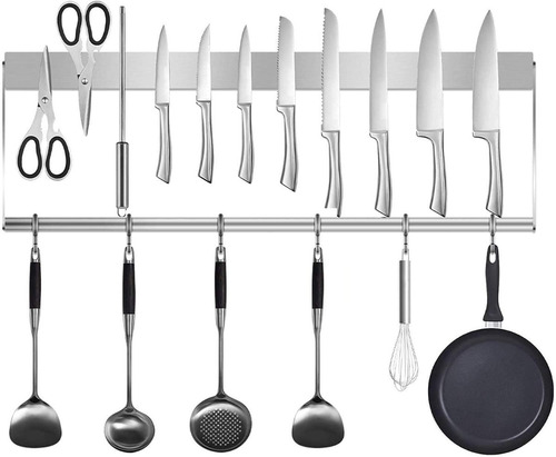 Imagen 1 de 8 de Kit Soporte Porta Cuchillos De Pared Magnetico Con Ganchos