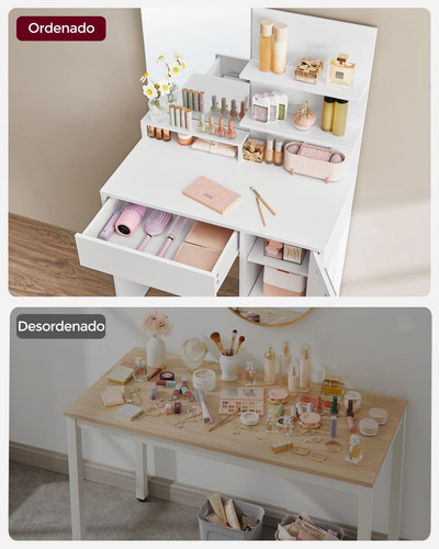Tocador Mesa De Maquillaje Con Espejo Grande Y Cajón Blanco