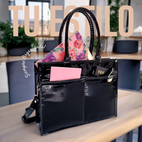 Maletín Dama Portafolio Estilo Cartera Tote 15.6 Negro Liso Total Black Charol