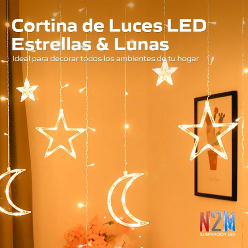 Imagen 5 de 9 de Cortina Led Estrellas Lunas Tira 3 Metros Calido 220v