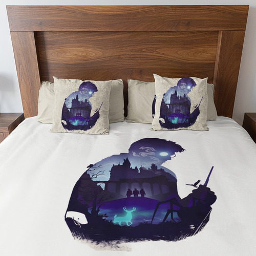 Jogo de Cama Casal Lençol sem Elástico Plano Harry Potter Elementos Magia Bruxaria Hogwarts 9 3/4 Hermione Rony Avada Kedavra Fã
