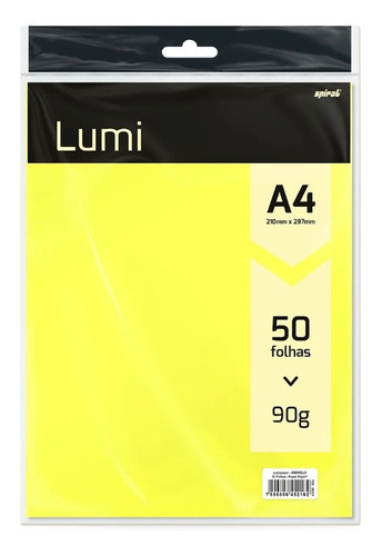 Papel 90g 210x297 A4, Lumipaper Amarelo, Spiral - 50fls Cor Amarelo