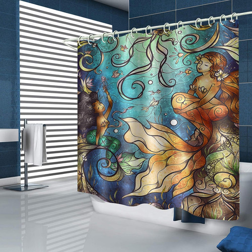 Cortina De Ducha Impermeable Sirena Con Ganchos