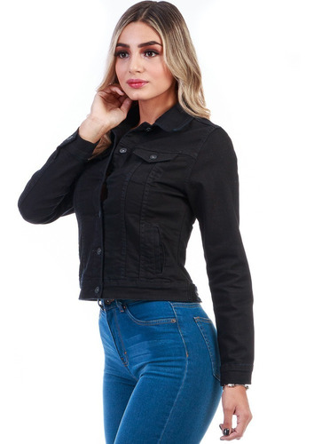 Imagen 3 de 6 de Chamarra De Mezclilla Negra Stretch Para Mujer