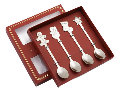 Juego De 4 Cucharas Navideñas, Cuchara De Postre, Plata