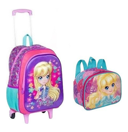 Mochila Infantil Polly 18x 3d Rodinhas G + Lancheira 2018