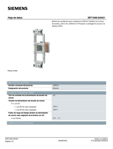 Bobina Para Contactor Siemens 3rt1945-5an21 220vac