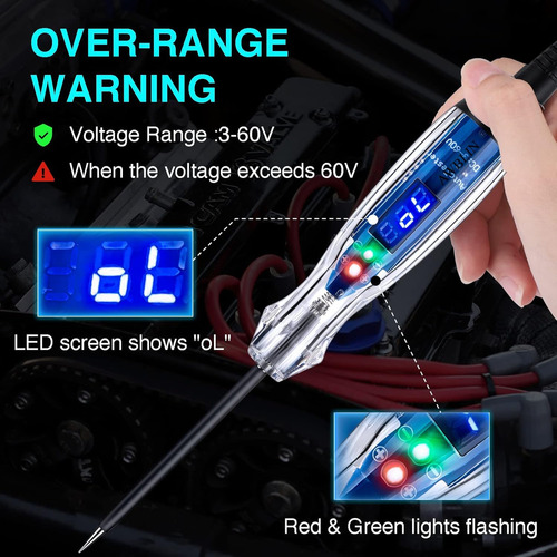 Probador De Circuito Automotriz Cc 3v-60v Led Digital Luz De Prueba Con Cable De Resorte Extendido De Poliuretano Portátil, Probador De Voltaje Bidireccional Automático, Bolígrafo De Prueba Eléctrico