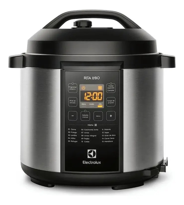 Panela pressão elétrica Electrolux digital capacidade 6L silenciosa segura 10 travas segurança 15 receitas pré-programadas 3 níveis pressão PCC20 inox preto por Rita Lobo