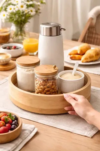 Bandeja Giratório Organizadora Cozinha Pote Tempero Em Bambu Cantinho Do Café Mesa Posta Cesta Giratória Redonda Multiuso Petisqueira Fruteira Potes De Temperos