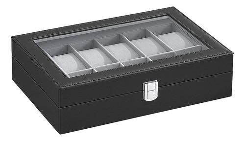 Caja De Relojes Songmics Con 12 Compartimentos Color Cuero Sintético Negro Forro Gris