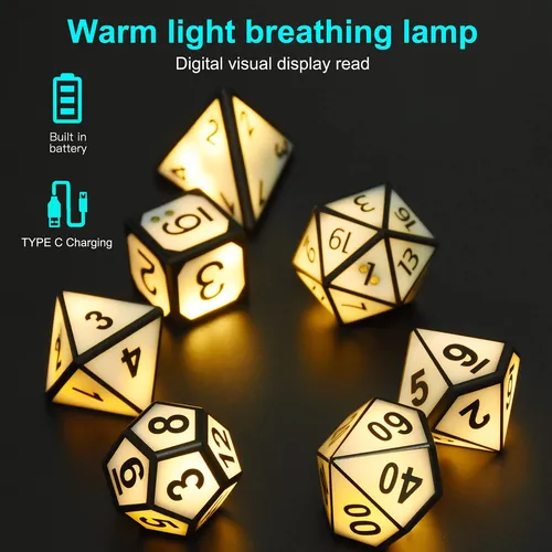 Set De 7 Dados Electrónicos Recargables Con Luz LED – D4, D6, D8, D10 X2, D12, D20, Carcasa De Carga Incluida, Para Juegos De Rol Y Mesa