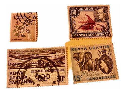 4 Timbres Del País De Uganda Del Continente Africano (Usado)