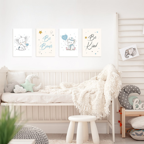 Placas Decorativas Elefante Azul Para Quarto 20x30cm Kit 4un