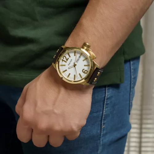 Relógio Masculino Dourado Magnum Pulseira De Couro Cor Da Correia