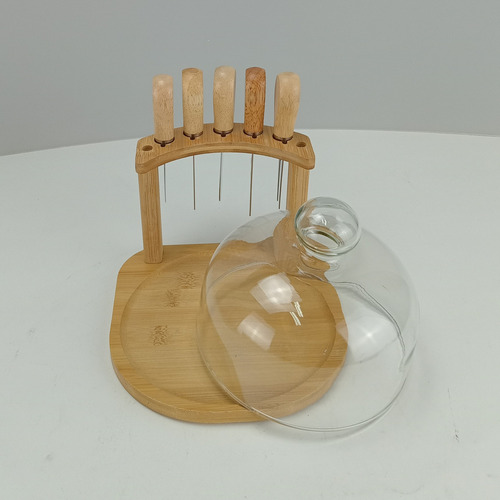 Jogo 7 Peças Para Queijo Home&co Com Tampa De Vidro Bambu
