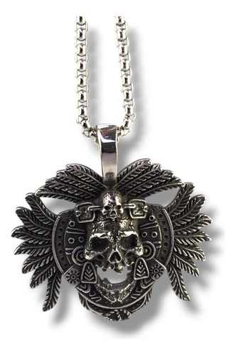 Dije Calavera Azteca Penacho Acero Inoxidable D833 Plateado