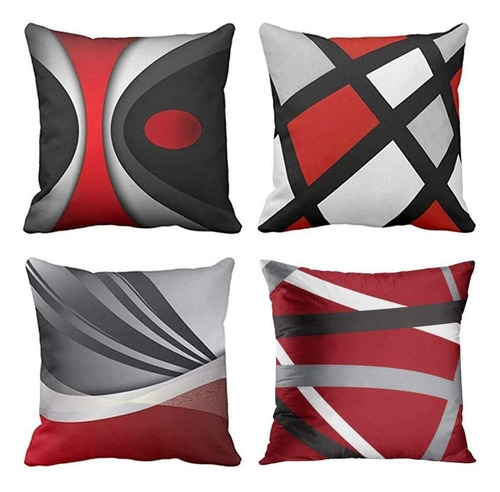 Set De 4 Fundas Para Almohada 18x18 Pulgadas, Rojo Con Gris Líneas