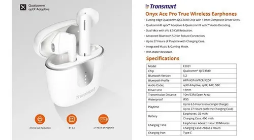 Auriculares Tronsmart Onyx Ace Pro Bt 5.2 Gamemode 27hrs Blanco