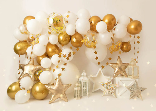 Bebé Cumpleaños Fondo Fotografico Globos Dorados Y Blancos