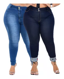 Kit2 Calça Plus Size Feminina Jeans Cintura Alta Top Lycra