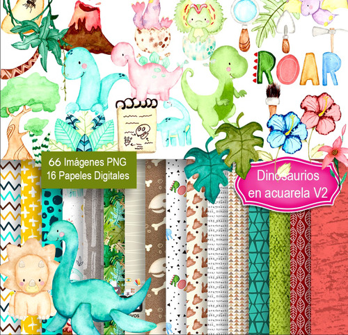 Kit Imagenes Png Dinosaurios Acuarela Y Dino Bebé + Papeles