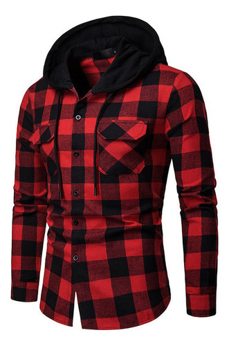 Camisa Casual Con Capucha A Cuadros Para Hombre