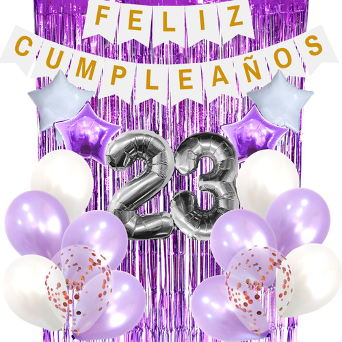 Combo Globos Cumpleaños Perlados Cristal Confeti Blanco Lila