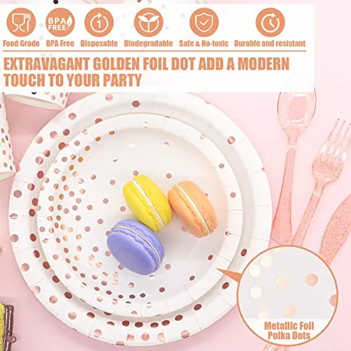 Suministros de fiesta rosa y dorado, juego de vajilla desechable de 350  piezas, platos de papel rosa, servilletas, vasos, tenedores de plástico