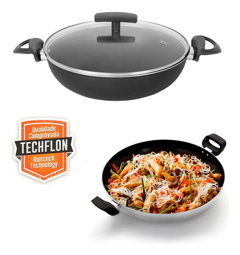 Panela Wok Antiaderente Com Tampa Preta