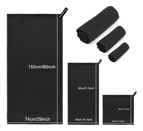 Kidomy 3pzs Negro Toalla De Microfibra Secado Rápido Deportiva