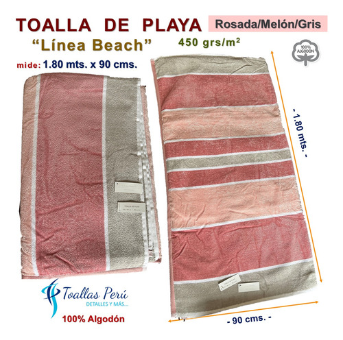 Toalla Playa Toallón: Rosada/melón/gris - Algodón 450 Grs-