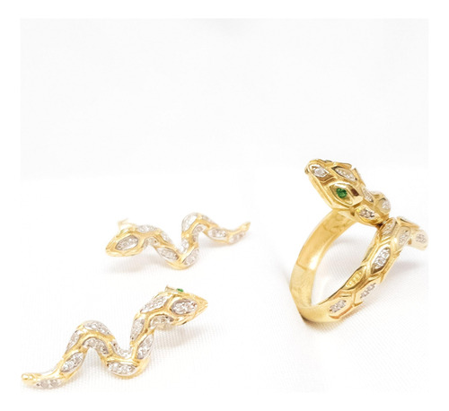 Juego Oro 14k Par De Aretes Y Anillo De Serpiente