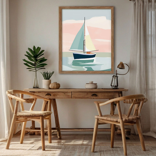 Lámina Decorativa Velero Minimalista Estilo Costero Rosa Multicolor Sin Armazón