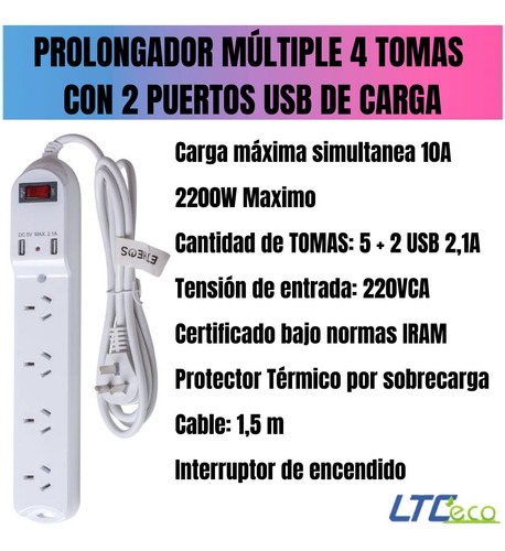 Imagen 2 de 9 de Zapatillas Prolongador 2 Usb 4 T Enchufe 1,5 Metros Alargue